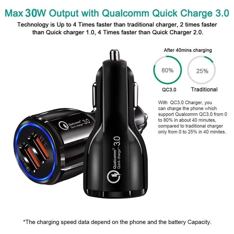 Qc3.0 Dual USB Car Charger + 8 Pin Fast Charging Line Car Charging Kit, 8 Pin (Black), 8 Pin (White)