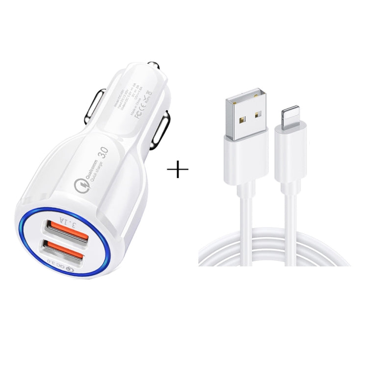 Qc3.0 Dual USB Car Charger + 8 Pin Fast Charging Line Car Charging Kit, 8 Pin (Black), 8 Pin (White)