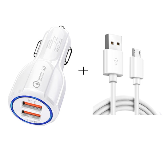 Qc3.0 Dual USB Car Charger + Micro USB Fast Charging Cable Car Charging Kit, Micro USB (White), Micro USB (Black)