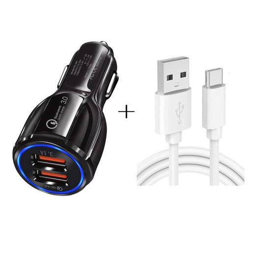 Qc3.0 Dual USB Car Charging + Type-C Fast Charging Cable Car Charging Kit, Type-C (Black), Type-C (White)