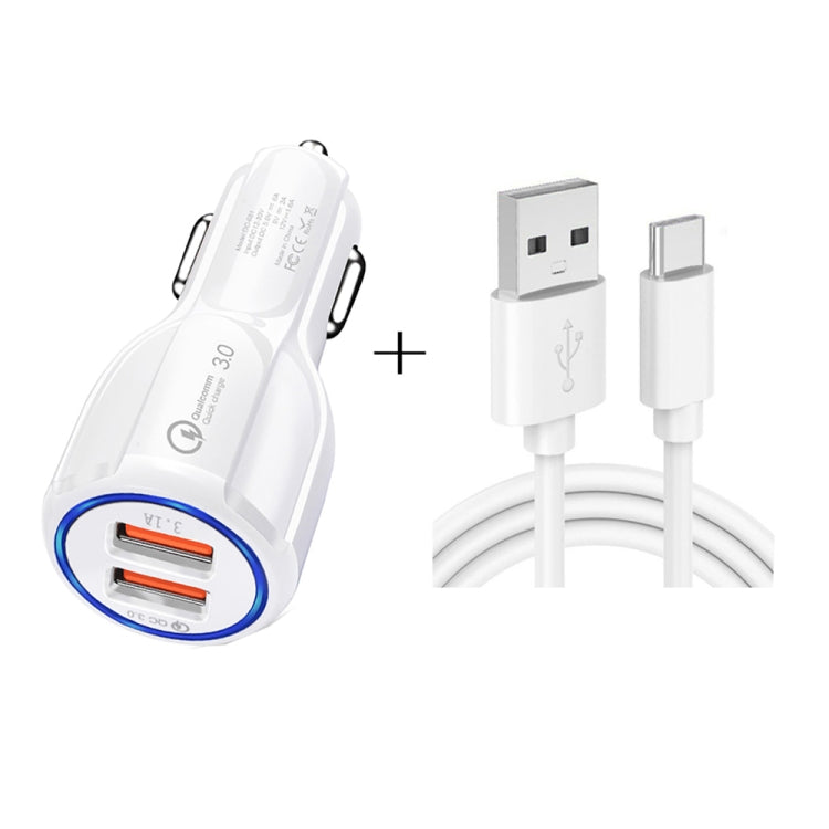 Qc3.0 Dual USB Car Charging + Type-C Fast Charging Cable Car Charging Kit, Type-C (Black), Type-C (White)