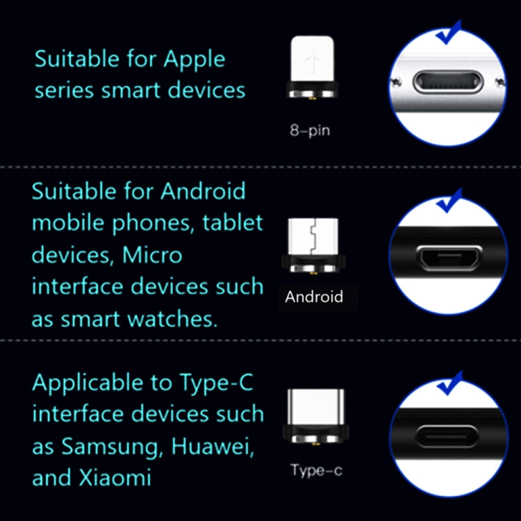 3 in 1 USB to 8 Pin + Type-C / USB-C + Micro USB Magnetic Absorption Colorful Streamer Charging Cable, Length: 1m, 1m