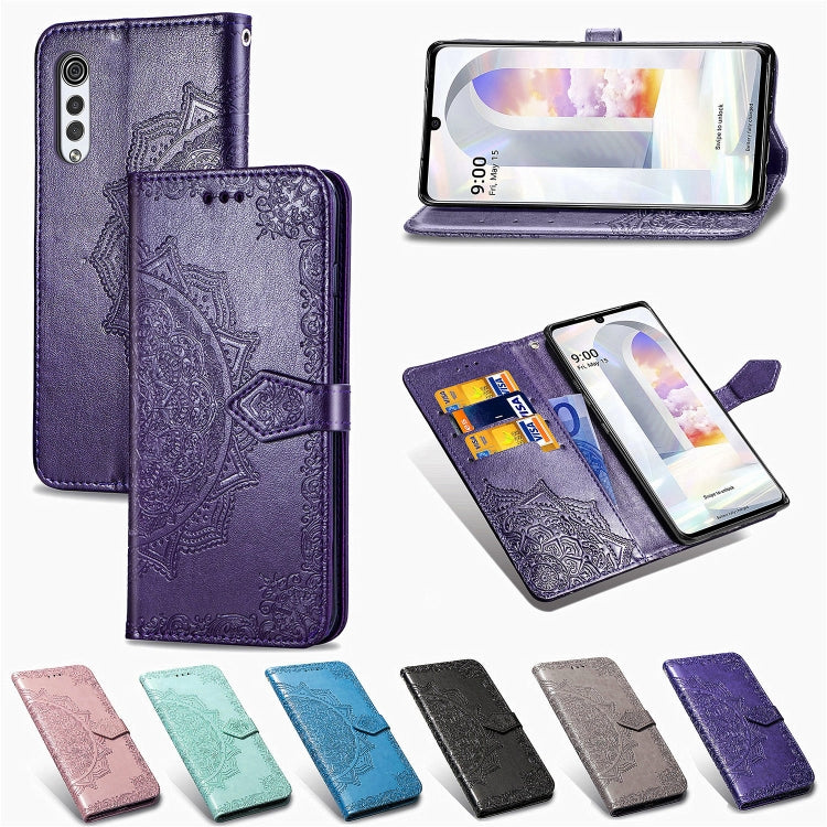 Mandala Flower Embossed Horizontal Flip Leather Case with Bracket / Card Slot / Wallet / Lanyard, For LG Velvet 5G