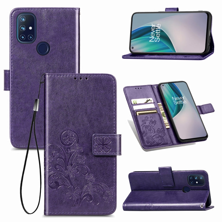 Four-leaf Clasp Embossed Buckle Mobile Phone Protection Leather Case with Lanyard & Card Slot & Wallet & Bracket Function, For One Plus Nord N10 5G