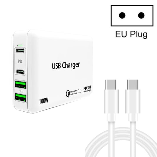 PD100W-A9 PD100W Dual Dort USB-C / Type-C + Dual USB Charger with 5A USB-C / Type-C to USB-C / Type-C Fast Charging Cable for Apple MacBook Series, EU Plug, US Plug, UK Plug