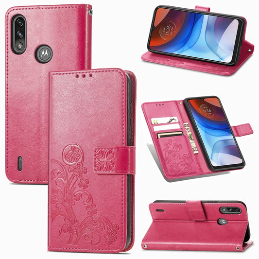 Four-leaf Clasp Embossed Buckle Mobile Phone Protection Leather Case with Lanyard & Card Slot & Wallet & Bracket Function, For Motorola E7 Power