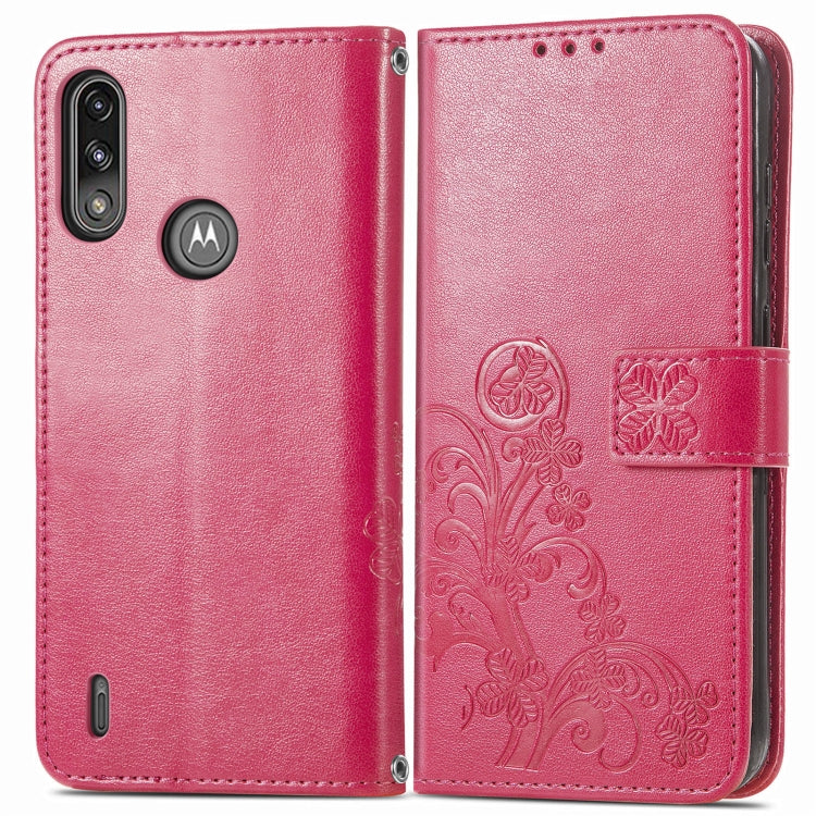 Four-leaf Clasp Embossed Buckle Mobile Phone Protection Leather Case with Lanyard & Card Slot & Wallet & Bracket Function, For Motorola E7 Power