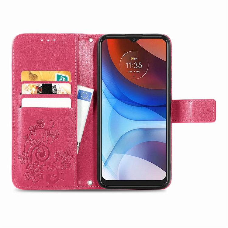 Four-leaf Clasp Embossed Buckle Mobile Phone Protection Leather Case with Lanyard & Card Slot & Wallet & Bracket Function, For Motorola E7 Power