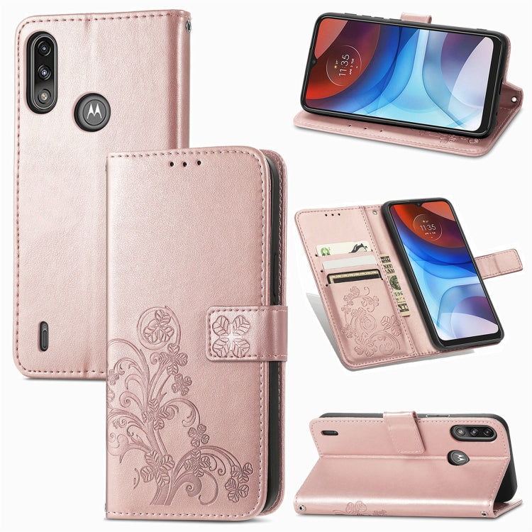 Four-leaf Clasp Embossed Buckle Mobile Phone Protection Leather Case with Lanyard & Card Slot & Wallet & Bracket Function, For Motorola E7 Power