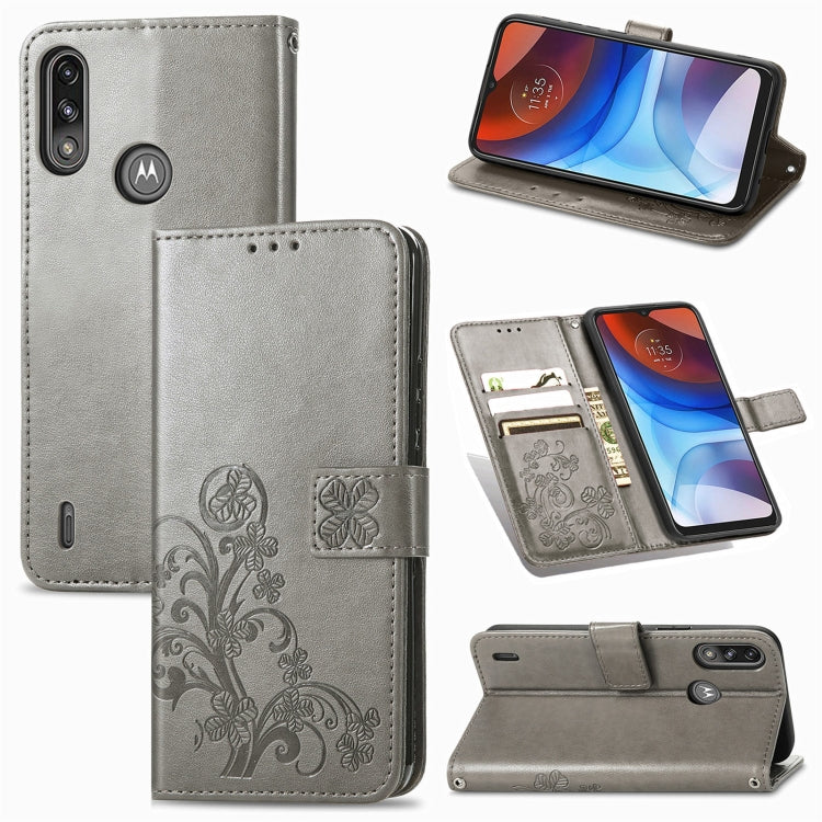Four-leaf Clasp Embossed Buckle Mobile Phone Protection Leather Case with Lanyard & Card Slot & Wallet & Bracket Function, For Motorola E7 Power