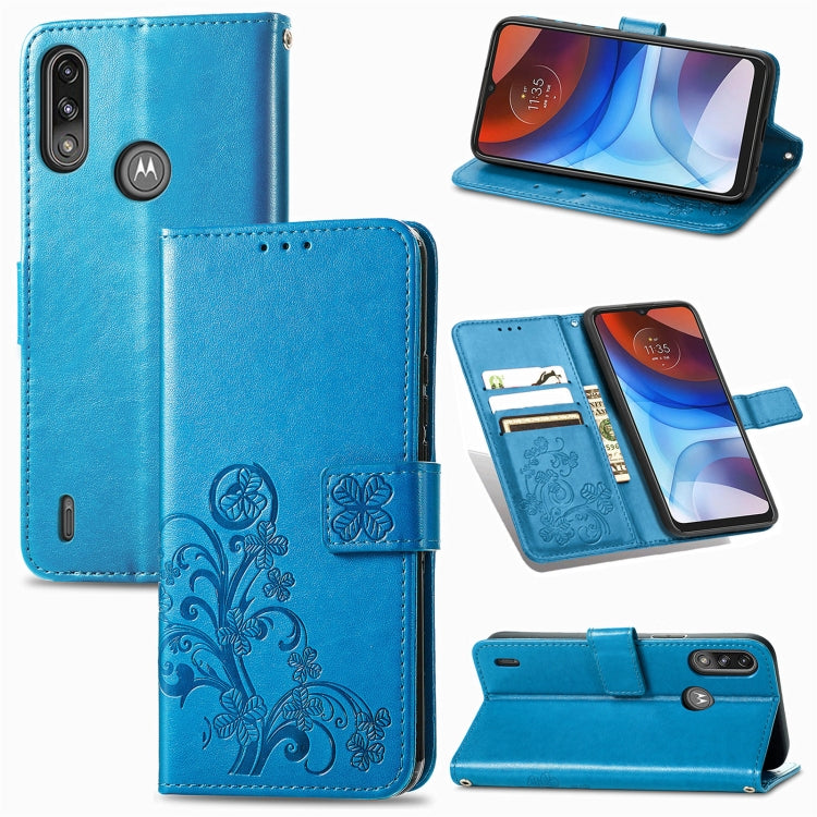 Four-leaf Clasp Embossed Buckle Mobile Phone Protection Leather Case with Lanyard & Card Slot & Wallet & Bracket Function, For Motorola E7 Power