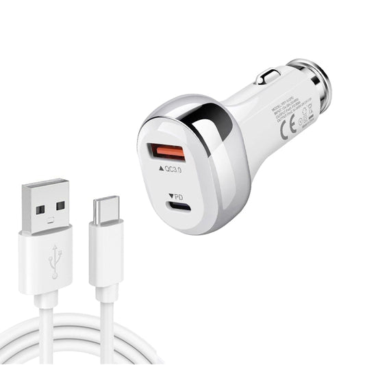 YSY-312PD QC3.0 18W USB + PD 20W USB-C / Type-C Car Charger with USB to USB-C / Type-C Data Cable, PD 20W with USB-C / Type-C Cable