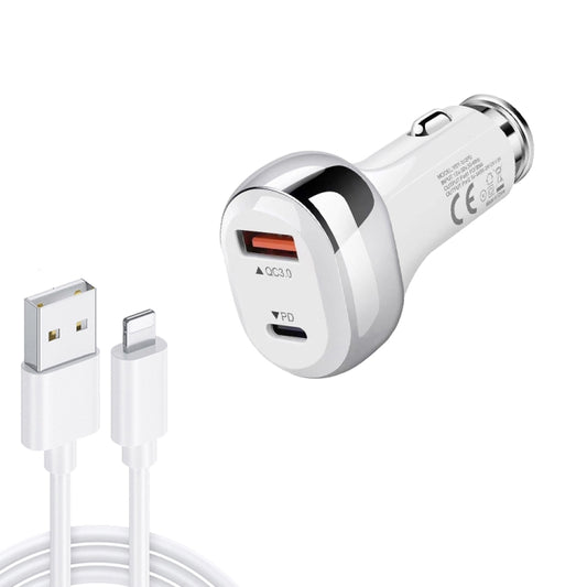 YSY-312PD QC3.0 18W USB + PD 20W USB-C / Type-C Car Charger with USB to 8 Pin Data Cable, PD 20W with 8 Pin Cable