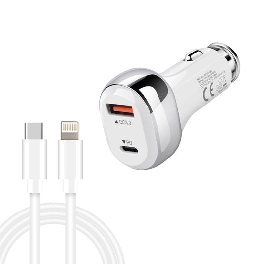 YSY-312PD QC3.0 18W USB + PD 20W USB-C / Type-C Car Charger with Type-C to 8 Pin Data Cable, PD 20W with Type-C to 8 Pin Cable