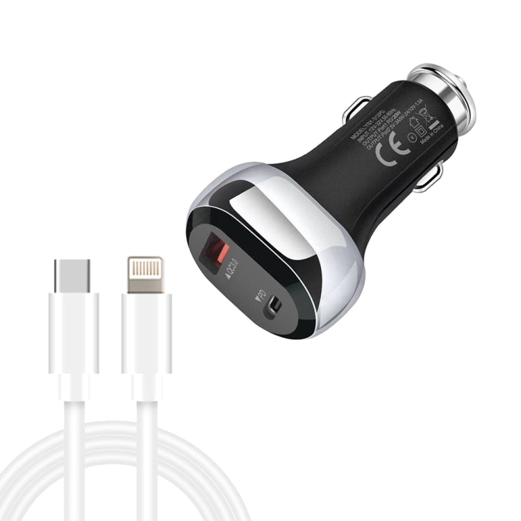 YSY-312PD QC3.0 18W USB + PD 20W USB-C / Type-C Car Charger with Type-C to 8 Pin Data Cable, PD 20W with Type-C to 8 Pin Cable