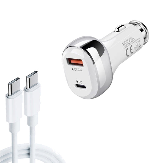 YSY-312PD QC3.0 18W USB + PD 20W USB-C / Type-C Car Charger with Type-C to Type-C Data Cable, PD 20W with Type-C to Type-C Cable