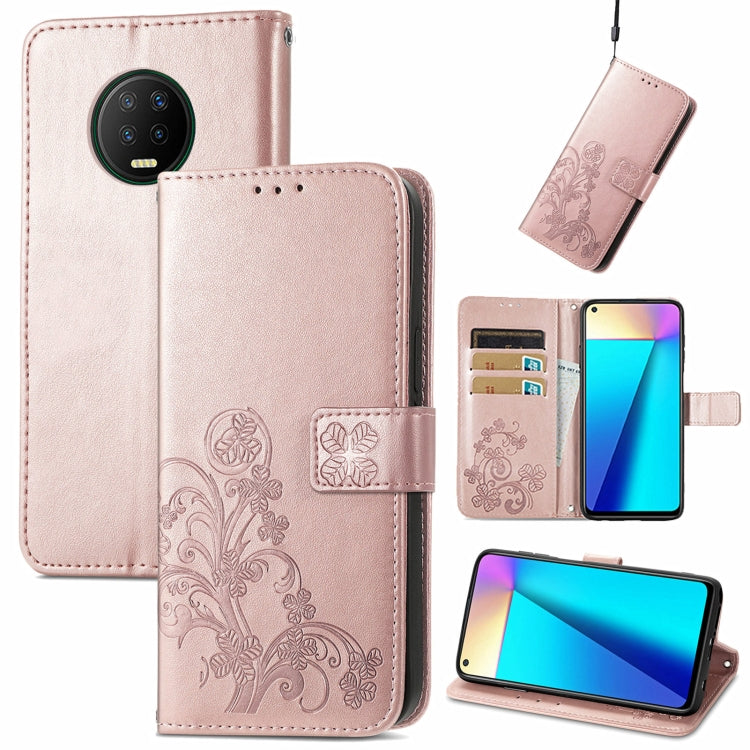 Four-leaf Clasp Embossed Buckle Mobile Phone Protection Leather Case with Lanyard & Card Slot & Wallet & Bracket Function, For Infinix Note 7, For Infinix HOT 10T, For Huawei nova 8 SE Youth, For Blackview A100