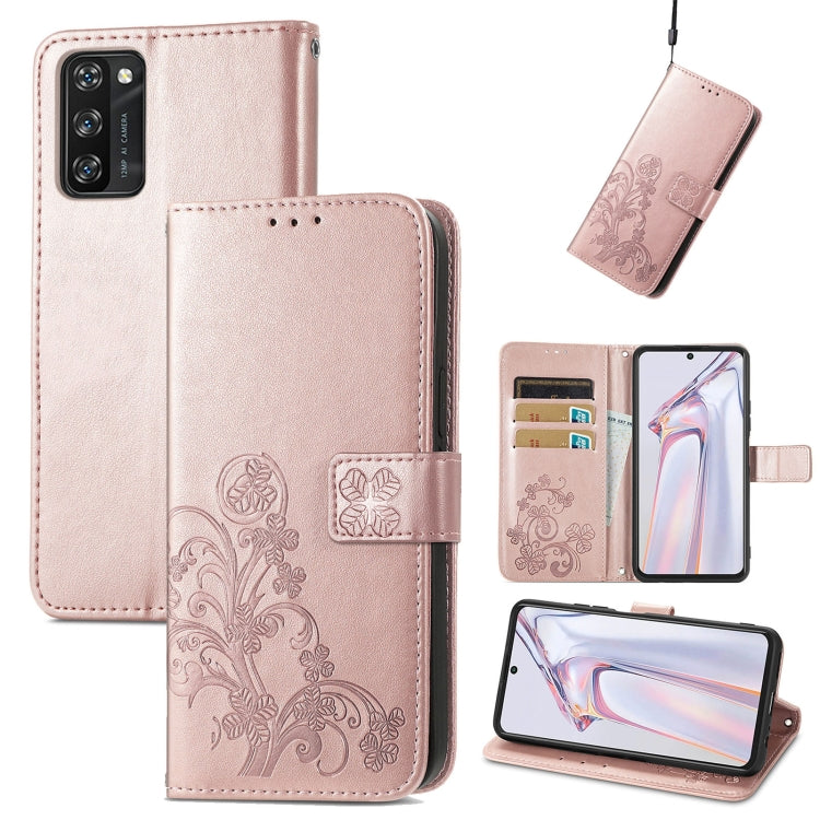 Four-leaf Clasp Embossed Buckle Mobile Phone Protection Leather Case with Lanyard & Card Slot & Wallet & Bracket Function, For Infinix Note 7, For Infinix HOT 10T, For Huawei nova 8 SE Youth, For Blackview A100