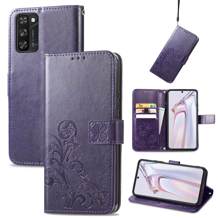 Four-leaf Clasp Embossed Buckle Mobile Phone Protection Leather Case with Lanyard & Card Slot & Wallet & Bracket Function, For Infinix Note 7, For Infinix HOT 10T, For Huawei nova 8 SE Youth, For Blackview A100