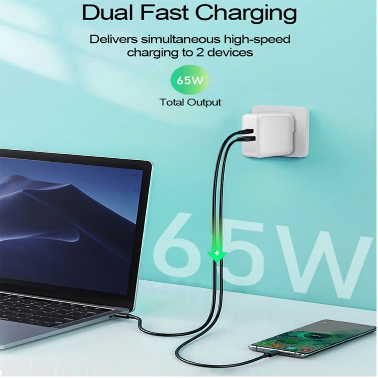 A6 65W QC 3.0 USB + PD USB-C / Type-C Dual Fast Charging Laptop Adapter + 1m USB-C / Type-C to USB-C / Type-C Data Cable Set for MacBook Series,, US Plug, US Plug + EU Plug, US Plug + AU Plug, US Plug + UK Plug, US Plug + EU Plug + UK Plug