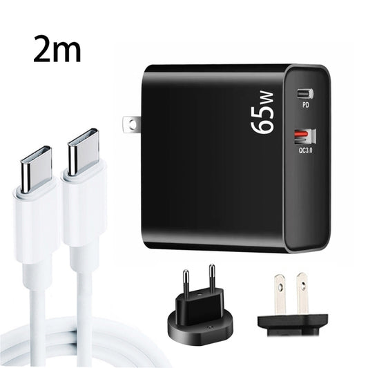 PD-65W USB-C / Type-C + QC3. 0 USB Laptop Charging Adapter + 2m USB-C / Type-C to USB-C / Type-C Data Cable Set, EU Plug / US Plug, USB-C / Type-C Cable, EU Plug / US Plug