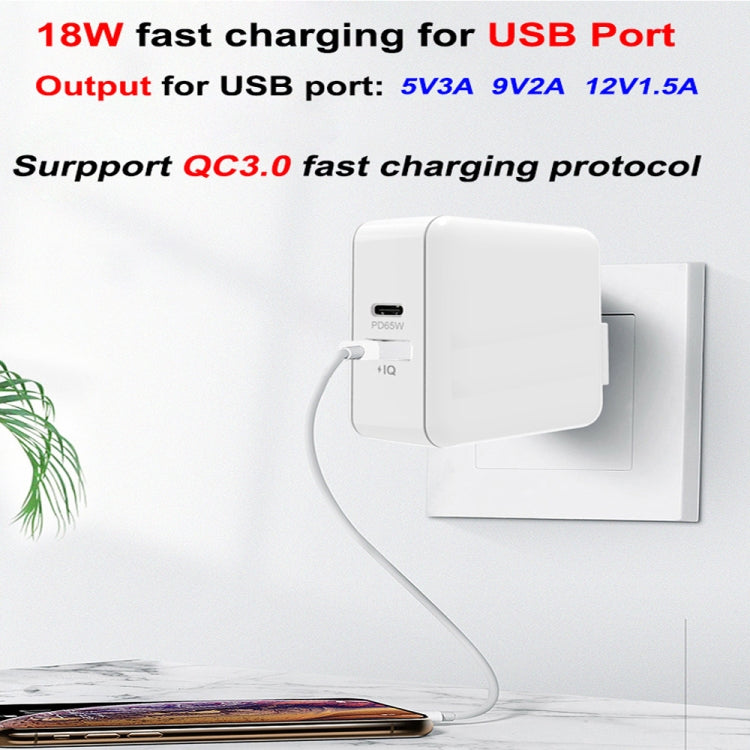 PD-65W USB-C / Type-C + QC3. 0 USB Laptop Charging Adapter + 1.8m USB-C / Type-C to MagSafe 2 / T Head Data Cable, US Plug, MagSafe 2 / T Cable, US Plug