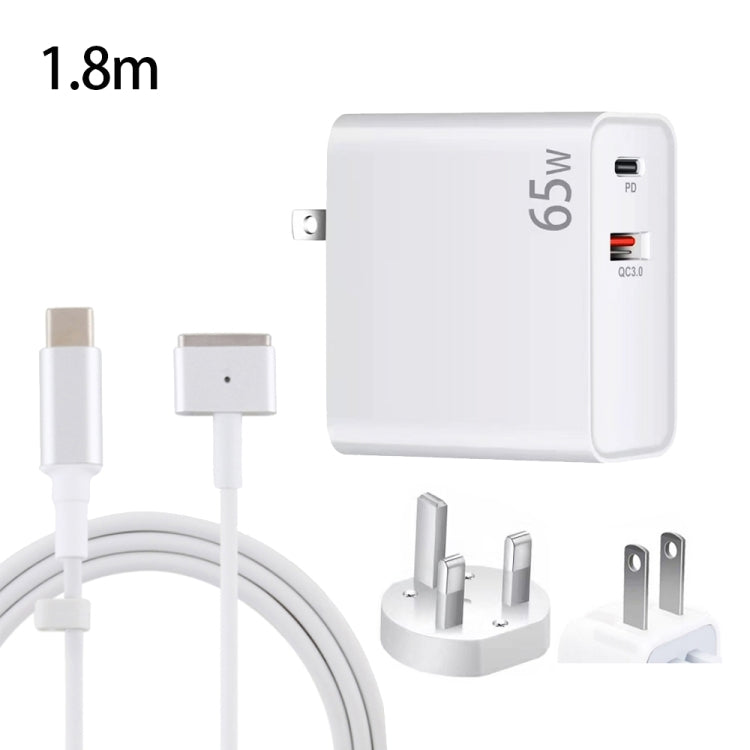 PD-65W USB-C / Type-C + QC3. 0 USB Laptop Charging Adapter + 1.8m USB-C / Type-C to MagSafe 2 / T Head Data Cable, UK Plug / US Plug, MagSafe 2 / T Cable, UK Plug / US Plug