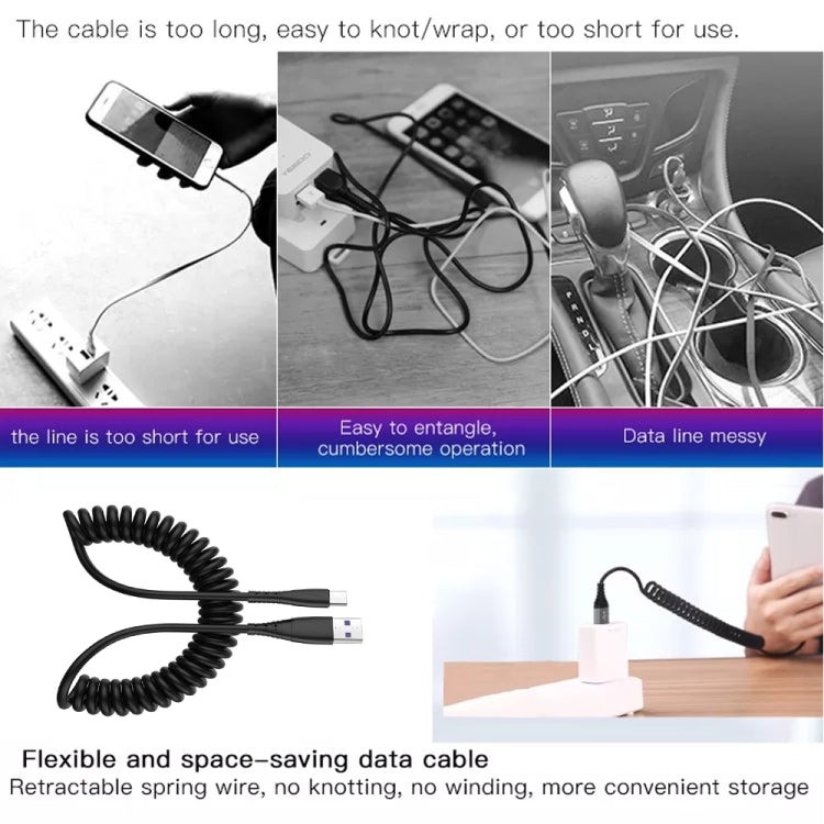 1.5m Spring Telescopic Mobile Phone Fast Charging Data Cable, USB to 8 Pin, USB to Type-C, USB to Micro USB