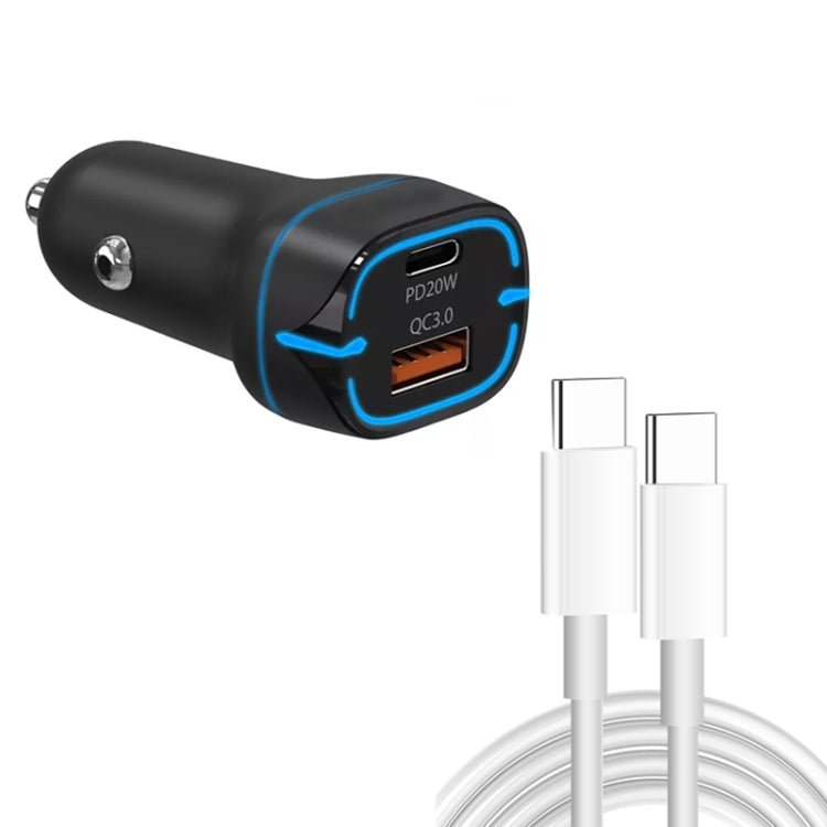 38W PD20W + QC3.0 USB Car Charger with Type-C to Type-C Data Cable, Length: 1m, Type-C to Type-C Cable (White), Type-C to Type-C Cable (Black)