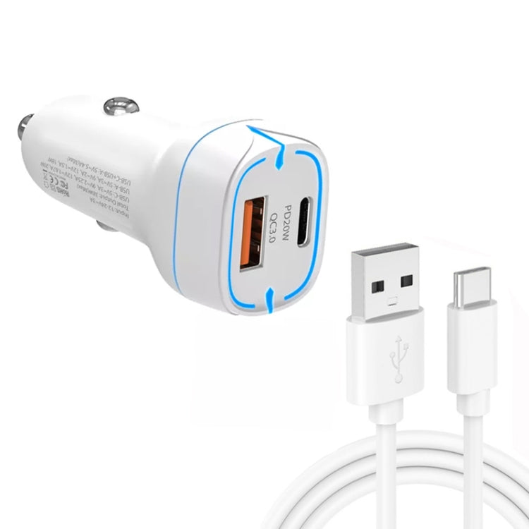 38W PD20W + QC3.0 USB Car Charger with USB to Type-C Data Cable, Length: 1m, USB to Type-C Cable (White), USB to Type-C Cable (Black)