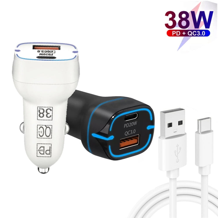 38W PD20W + QC3.0 USB Car Charger with USB to Type-C Data Cable, Length: 1m, USB to Type-C Cable (White), USB to Type-C Cable (Black)