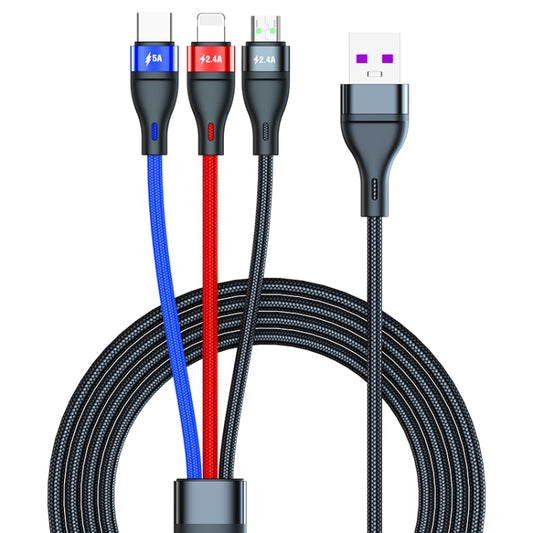 40W 5A USB to Micro USB + USB-C / Type-C + 8 Pin Fast Charging Cable, Cable Length: 2m, 2m