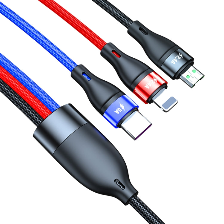 40W 5A USB to Micro USB + USB-C / Type-C + 8 Pin Fast Charging Cable, Cable Length: 2m, 2m