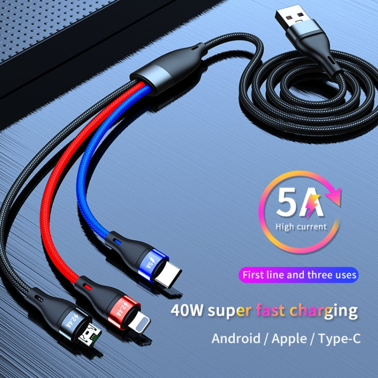 40W 5A USB to Micro USB + USB-C / Type-C + 8 Pin Fast Charging Cable, Cable Length: 2m, 2m