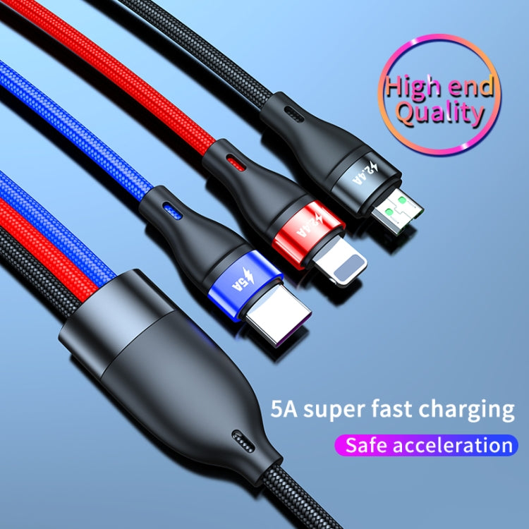 40W 5A USB to Micro USB + USB-C / Type-C + 8 Pin Fast Charging Cable, Cable Length: 2m, 2m