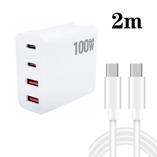 GaN 100W Dual USB + Dual USB-C/Type-C Multi Port Charger with 2m Type-C to Type-C Data Cable Set, US Plug, US / EU Plug, US / UK Plug, US / AU Plug, US / EU / UK Plug, US / EU / UK / AU Plug