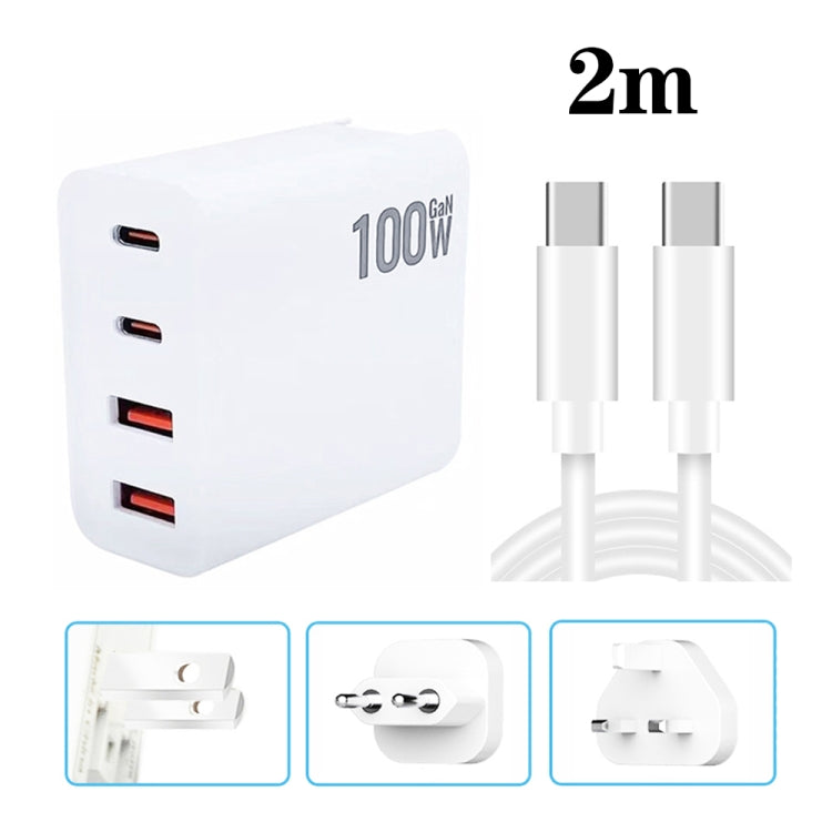 GaN 100W Dual USB + Dual USB-C/Type-C Multi Port Charger with 2m Type-C to Type-C Data Cable Set, US Plug, US / EU Plug, US / UK Plug, US / AU Plug, US / EU / UK Plug, US / EU / UK / AU Plug