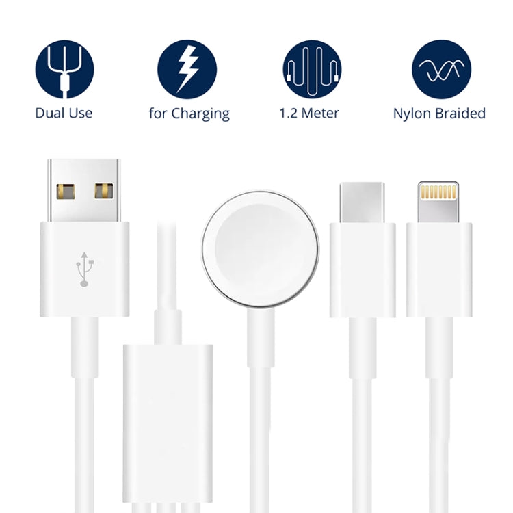 For Apple Watch Series & iPhone & Phone with Type-C Port 3 in 1 USB Magnetic Charging Cable 4ft/1.2m, DS-XB017