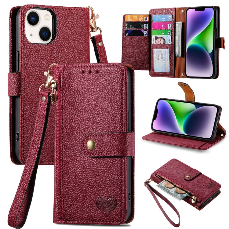 Love Zipper Lanyard Leather Phone Case, For iPhone 15 Pro, For iPhone 15 Plus, For iPhone 15, For iPhone 14 Plus, For iPhone 14