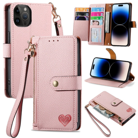 Love Zipper Lanyard Leather Phone Case, For iPhone 15 Pro, For iPhone 15 Plus, For iPhone 15, For iPhone 14 Plus, For iPhone 14