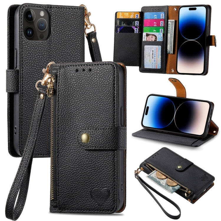 Love Zipper Lanyard Leather Phone Case, For iPhone 15 Pro, For iPhone 15 Plus, For iPhone 15, For iPhone 14 Plus, For iPhone 14