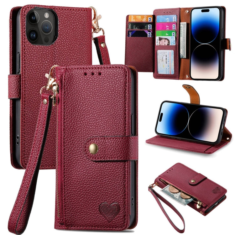 Love Zipper Lanyard Leather Phone Case, For iPhone 15 Pro, For iPhone 15 Plus, For iPhone 15, For iPhone 14 Plus, For iPhone 14