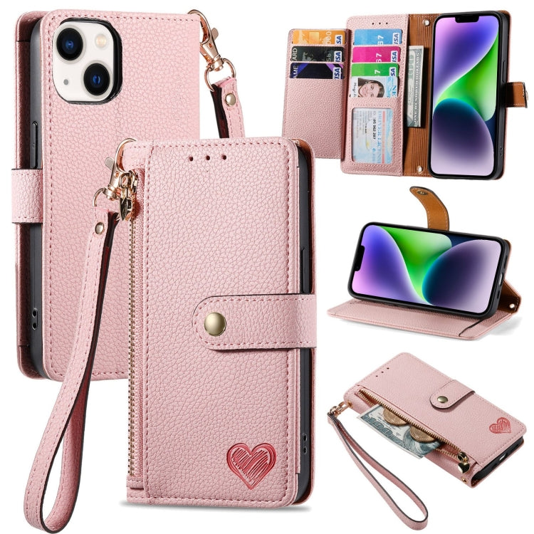 Love Zipper Lanyard Leather Phone Case, For iPhone 15 Pro, For iPhone 15 Plus, For iPhone 15, For iPhone 14 Plus, For iPhone 14