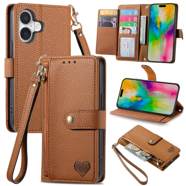 Love Zipper Lanyard Leather Phone Case, For iPhone 16 Pro Max, For iPhone 16 Pro, For iPhone 16 Plus, For iPhone 16, For iPhone 15 Pro Max