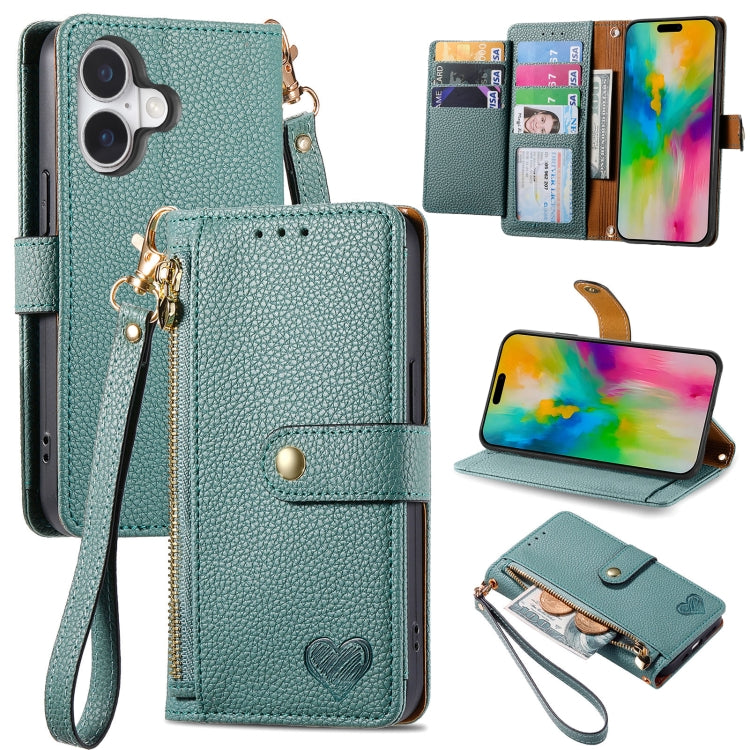 Love Zipper Lanyard Leather Phone Case, For iPhone 16 Pro Max, For iPhone 16 Pro, For iPhone 16 Plus, For iPhone 16, For iPhone 15 Pro Max