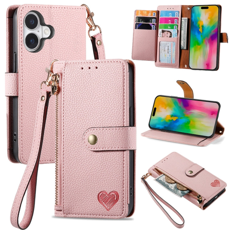 Love Zipper Lanyard Leather Phone Case, For iPhone 16 Pro Max, For iPhone 16 Pro, For iPhone 16 Plus, For iPhone 16, For iPhone 15 Pro Max