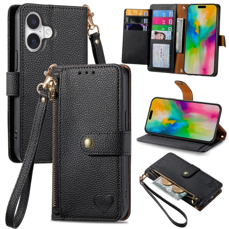 Love Zipper Lanyard Leather Phone Case, For iPhone 16 Pro Max, For iPhone 16 Pro, For iPhone 16 Plus, For iPhone 16, For iPhone 15 Pro Max