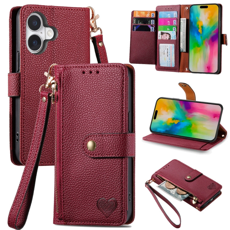 Love Zipper Lanyard Leather Phone Case, For iPhone 16 Pro Max, For iPhone 16 Pro, For iPhone 16 Plus, For iPhone 16, For iPhone 15 Pro Max