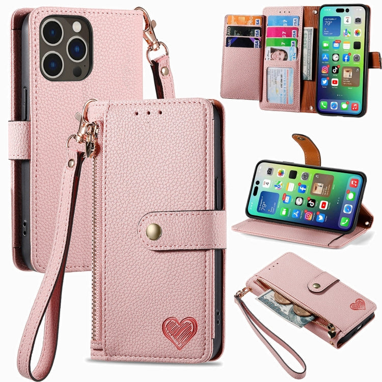 Love Zipper Lanyard Leather Phone Case, For iPhone 16 Pro Max, For iPhone 16 Pro, For iPhone 16 Plus, For iPhone 16, For iPhone 15 Pro Max