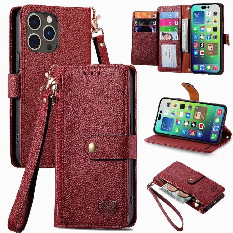 Love Zipper Lanyard Leather Phone Case, For iPhone 16 Pro Max, For iPhone 16 Pro, For iPhone 16 Plus, For iPhone 16, For iPhone 15 Pro Max